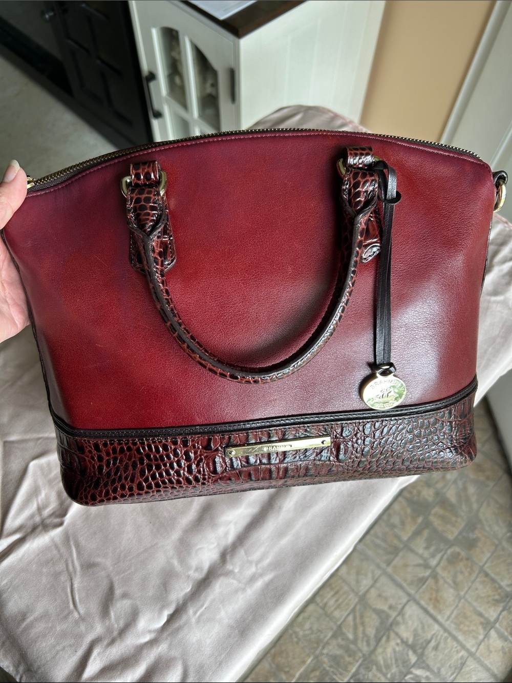 Brahmin Burgundy Leather Satchel with Croc-Embossed Trim